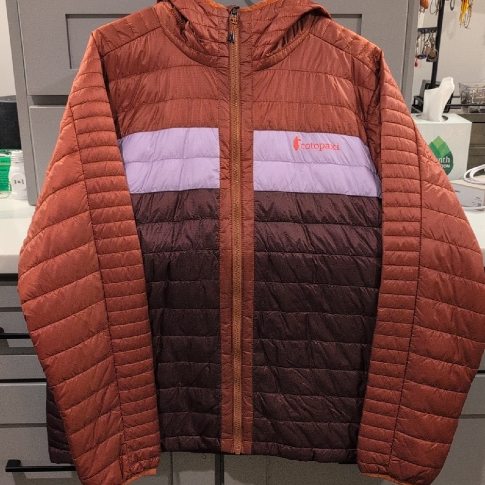Cotopaxi Colorblock Puffer Jacket FUEGO With Hoodie - Orange, Lilac And Brown
